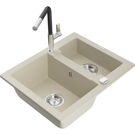 Mexen Carlos granite kitchen sink 1.5-bowl with Flora kitchen tap, beige - 6518-69-670401-07