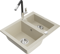 Mexen Carlos 1.5-bowl granite sink with Flora kitchen faucet, beige - 6518-69-670401-07