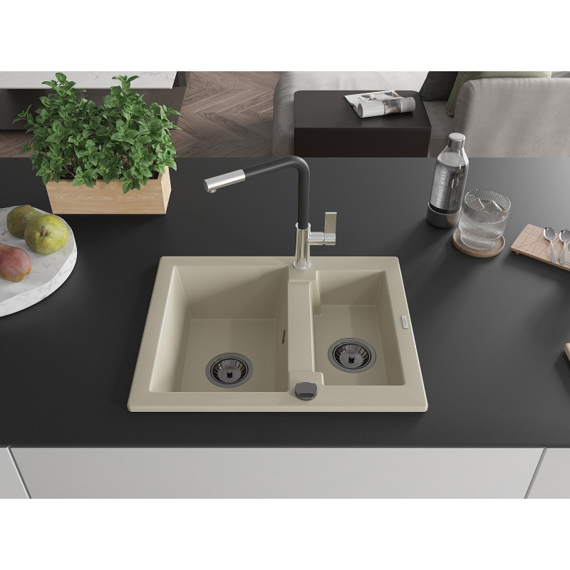 Mexen Carlos 1.5-bowl granite sink with Flora kitchen faucet, beige - 6518-69-670401-07-B