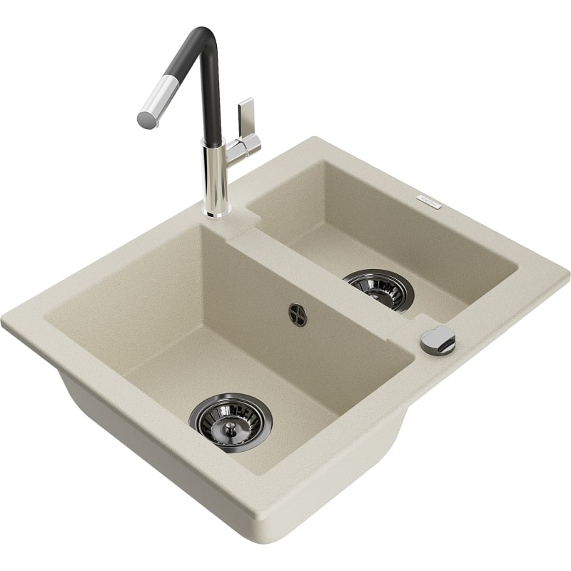 Mexen Carlos 1.5-bowl granite sink with Flora kitchen faucet, beige - 6518-69-670401-07-B