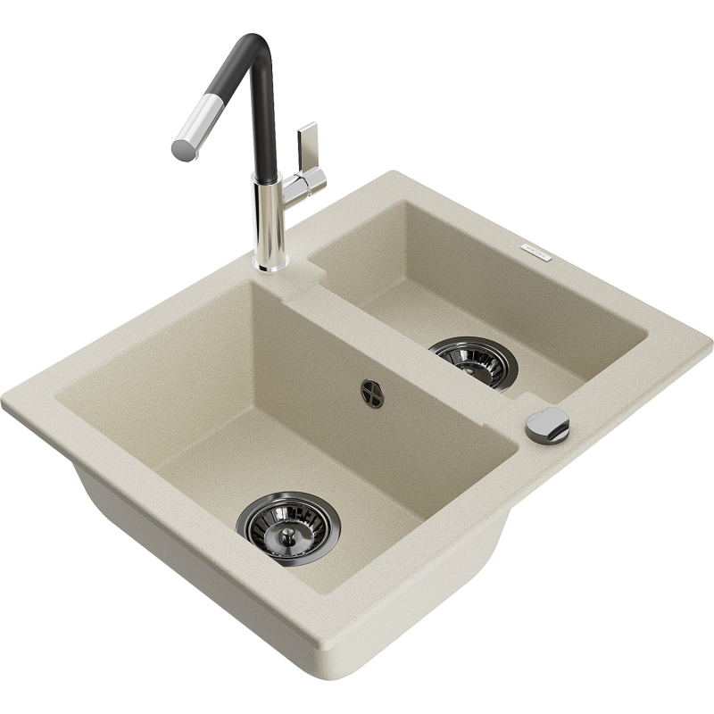 Mexen Carlos 1.5-bowl granite sink with Flora kitchen tap, beige - 6518-69-670401-07-B