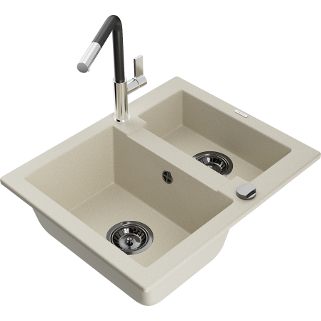 Mexen Carlos 1.5-bowl granite sink with Flora kitchen faucet, beige - 6518-69-670401-07-B