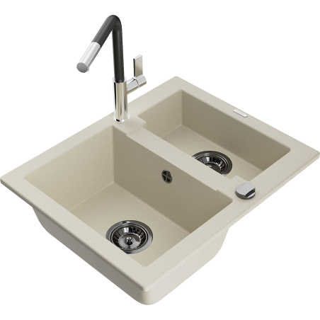 Mexen Carlos granite sink 1.5-bowl with Flora kitchen faucet, beige - 6518-69-670401-07-B