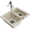 Mexen Carlos 1.5-bowl granite sink with Flora kitchen faucet, beige - 6518-69-670401-07-B