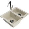 Mexen Carlos granite sink 1.5-bowl with Flora kitchen faucet, beige - 6518-69-670401-07-B