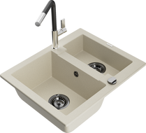 Mexen Carlos 1.5-bowl granite sink with Flora kitchen faucet, beige - 6518-69-670401-07-B