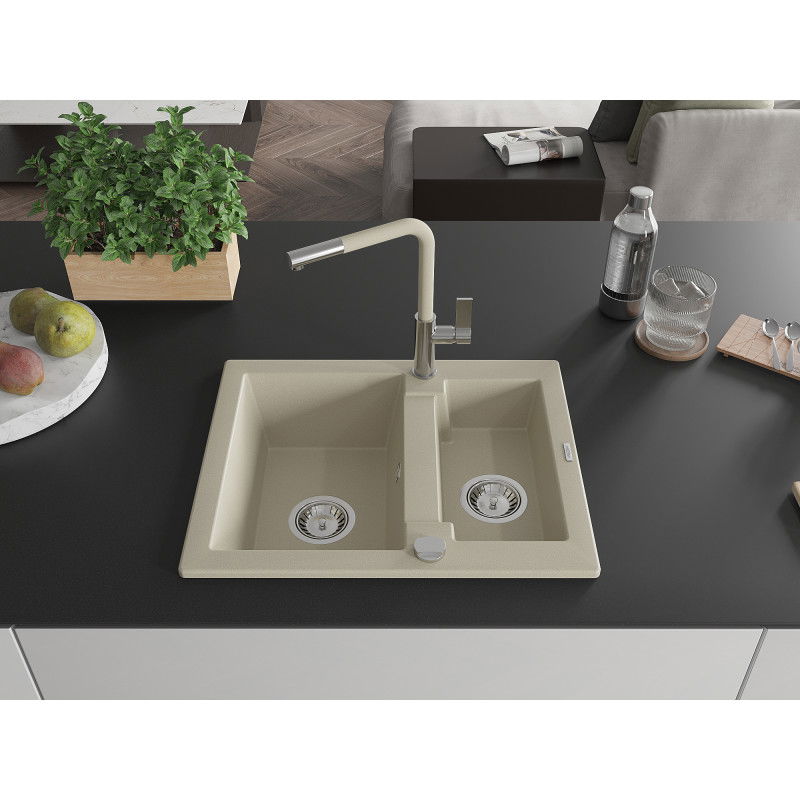 Mexen Carlos granite sink 1.5-bowl with Flora kitchen tap, beige - 6518-69-670401-09