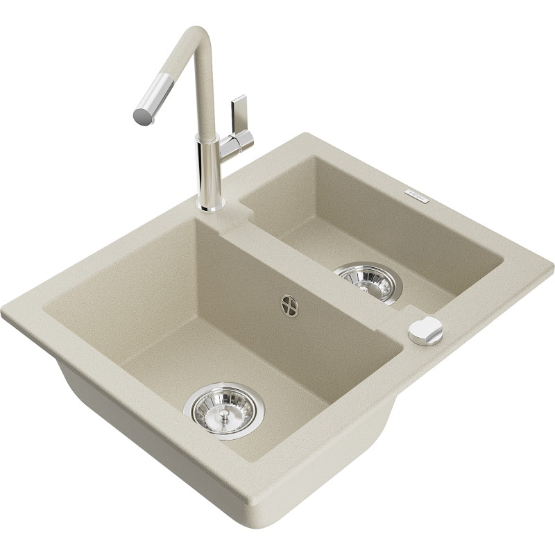 Mexen Carlos 1.5-Bowl Granite Sink with Flora Kitchen Faucet, Beige - 6518-69-670401-09