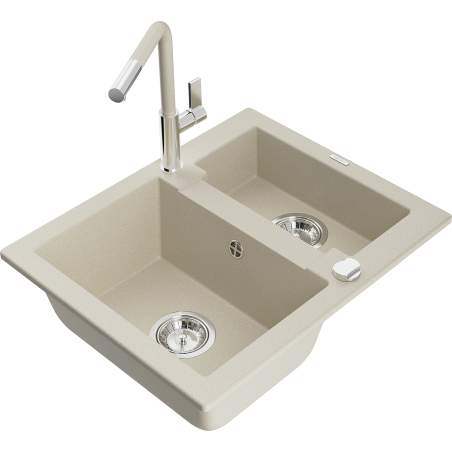 Mexen Carlos 1.5-Bowl Granite Sink with Flora Kitchen Faucet, Beige - 6518-69-670401-09