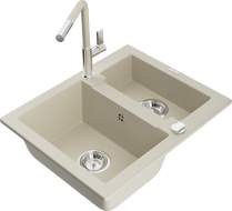 Mexen Carlos granite sink 1.5-bowl with Flora kitchen tap, beige - 6518-69-670401-09