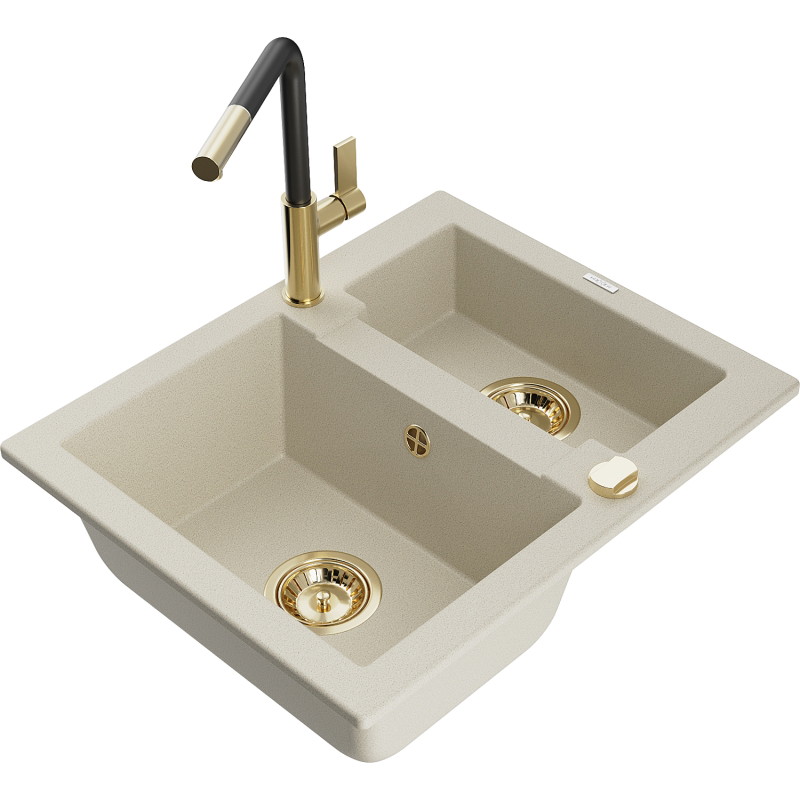 Mexen Carlos 1.5-bowl granite sink with Flora kitchen faucet, beige - 6518-69-670401-57-G