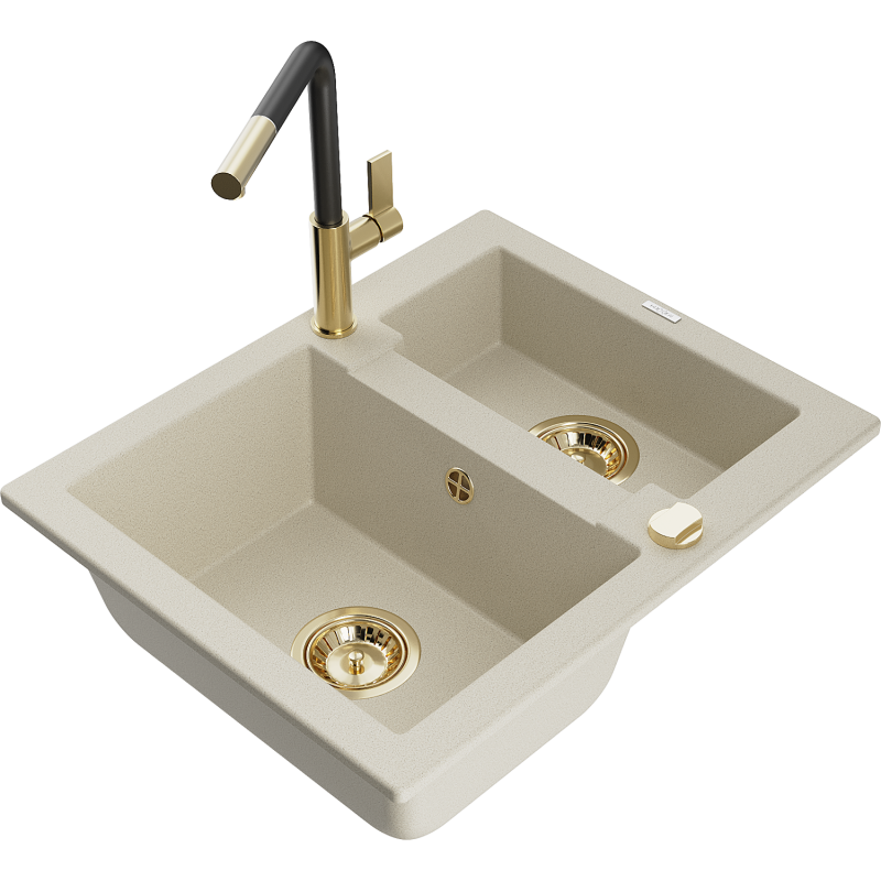 Mexen Carlos Granite 1.5-Bowl Sink with Flora Kitchen Tap, Beige - 6518-69-670401-57-G