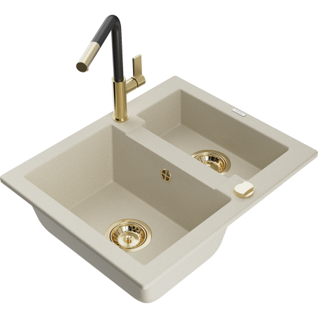 Mexen Carlos 1.5-bowl granite sink with Flora kitchen faucet, beige - 6518-69-670401-57-G