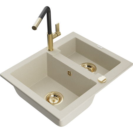 Mexen Carlos granite sink 1.5-bowl with kitchen faucet Flora, beige - 6518-69-670401-57-G