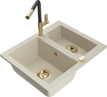 Mexen Carlos granite sink 1.5-bowl with kitchen faucet Flora, beige - 6518-69-670401-57-G
