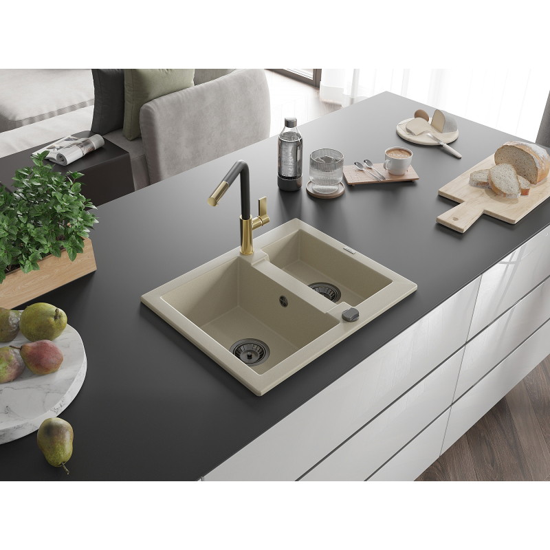 Mexen Carlos 1.5-bowl granite sink with Flora kitchen faucet, beige - 6518-69-670401-57-B