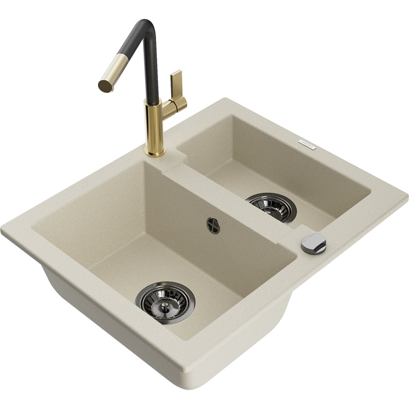Mexen Carlos 1.5-bowl granite sink with Flora kitchen faucet, beige - 6518-69-670401-57-B