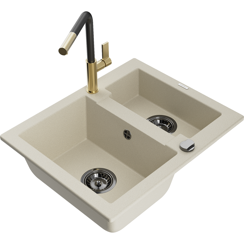 Mexen Carlos 1.5-bowl granite sink with Flora kitchen tap, beige - 6518-69-670401-57-B