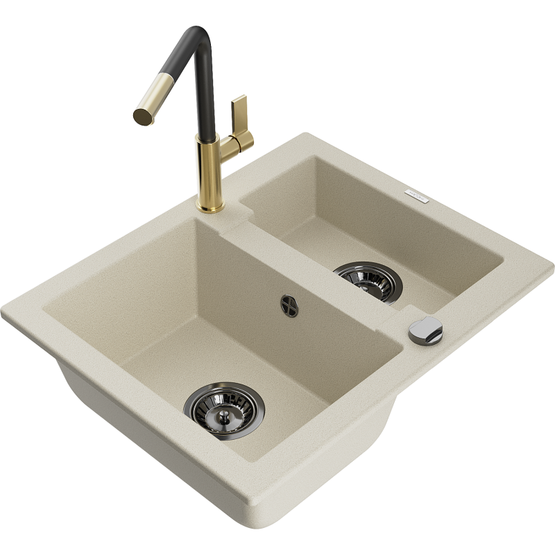 Mexen Carlos 1,5-compartment granite sink with a kitchen mixer tap Flora, Beige - 6518-69-670401-57-B