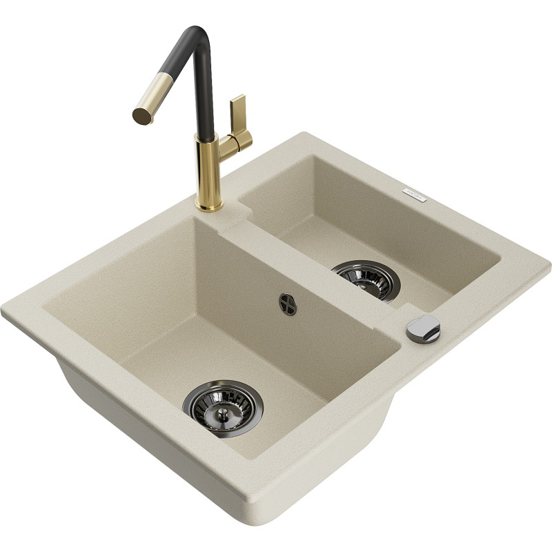 Mexen Carlos granite sink 1.5-bowl with Flora kitchen faucet, beige - 6518-69-670401-57-B