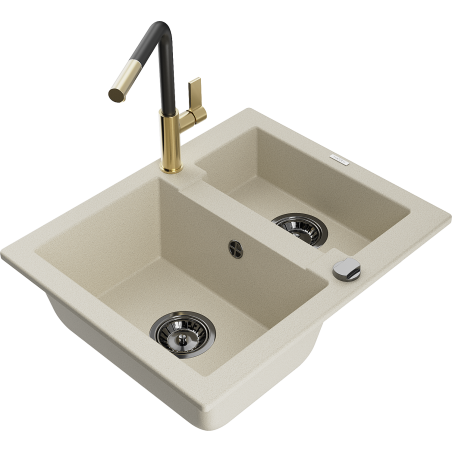 Mexen Carlos 1.5-bowl granite sink with Flora kitchen tap, beige - 6518-69-670401-57-B