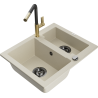 Mexen Carlos granite sink 1.5-bowl with Flora kitchen faucet, beige - 6518-69-670401-57-B