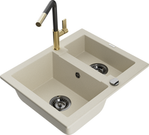 Mexen Carlos granite sink 1.5-bowl with Flora kitchen faucet, beige - 6518-69-670401-57-B