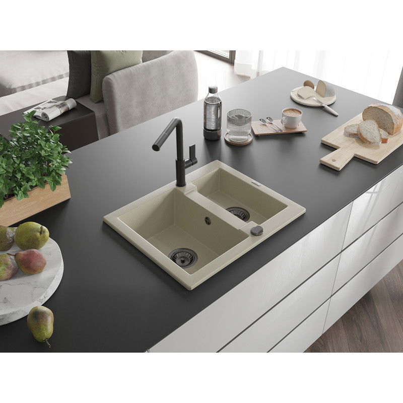 Mexen Carlos granite sink 1.5-bowl with Flora kitchen tap, beige - 6518-69-670401-70-B