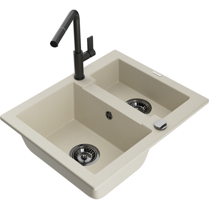 Mexen Carlos 1.5-bowl Granite Sink with Flora Kitchen Faucet, Beige - 6518-69-670401-70-B
