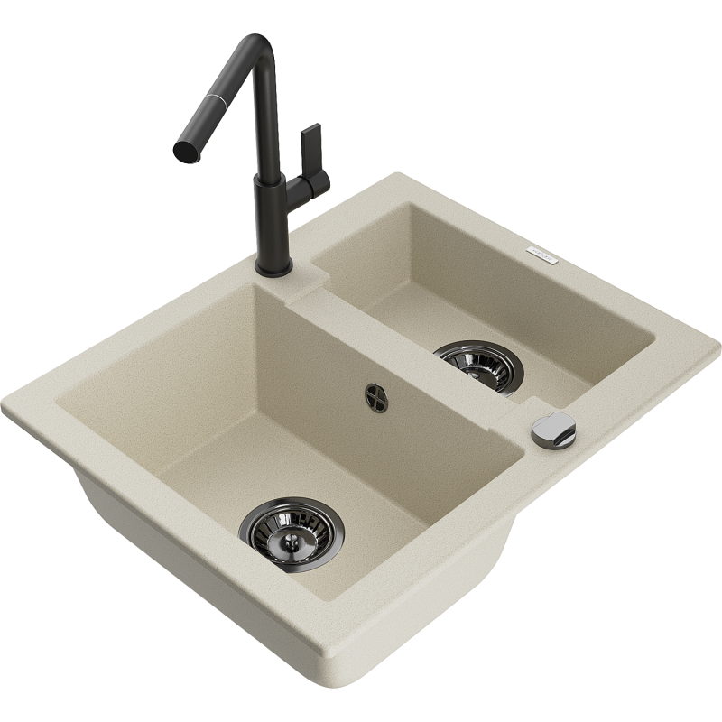 Mexen Carlos granite sink 1.5-bowl with Flora kitchen tap, beige - 6518-69-670401-70-B