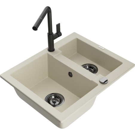 Mexen Carlos 1.5-bowl Granite Sink with Flora Kitchen Faucet, Beige - 6518-69-670401-70-B