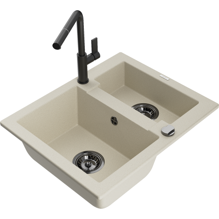 Mexen Carlos granite sink 1.5-bowl with Flora kitchen tap, beige - 6518-69-670401-70-B