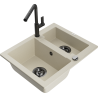 Mexen Carlos 1,5-compartment granite sink with a kitchen mixer tap Flora, Beige - 6518-69-670401-70-B