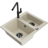 Mexen Carlos granite sink 1.5-bowl with Flora kitchen faucet, beige - 6518-69-670401-70-B