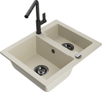 Mexen Carlos granite sink 1.5-bowl with Flora kitchen tap, beige - 6518-69-670401-70-B