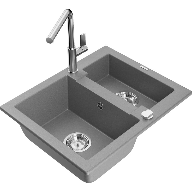 Mexen Carlos granite kitchen sink 1.5-bowl with Flora kitchen faucet, gray - 6518-71-670401-00
