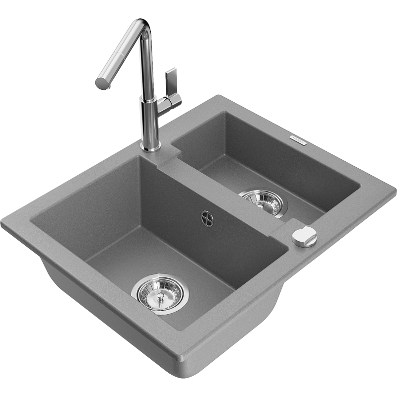 Mexen Carlos granite sink 1.5-bowl with Flora kitchen tap, grey - 6518-71-670401-00