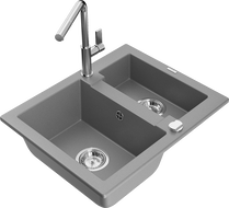 Mexen Carlos granite kitchen sink 1.5-bowl with Flora kitchen faucet, gray - 6518-71-670401-00