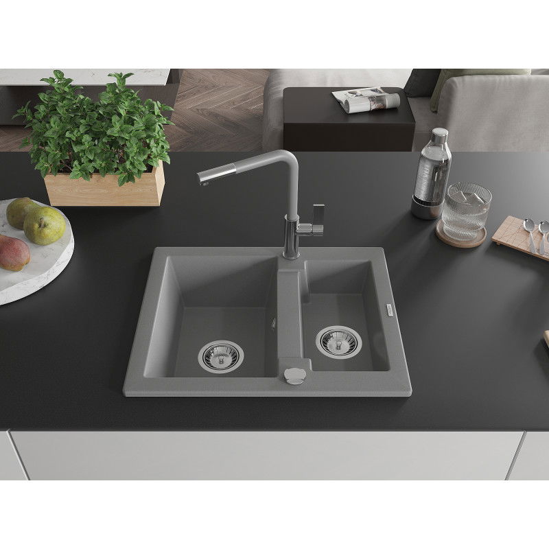 Mexen Carlos granite sink 1.5-bowl with Flora kitchen tap, grey - 6518-71-670401-06
