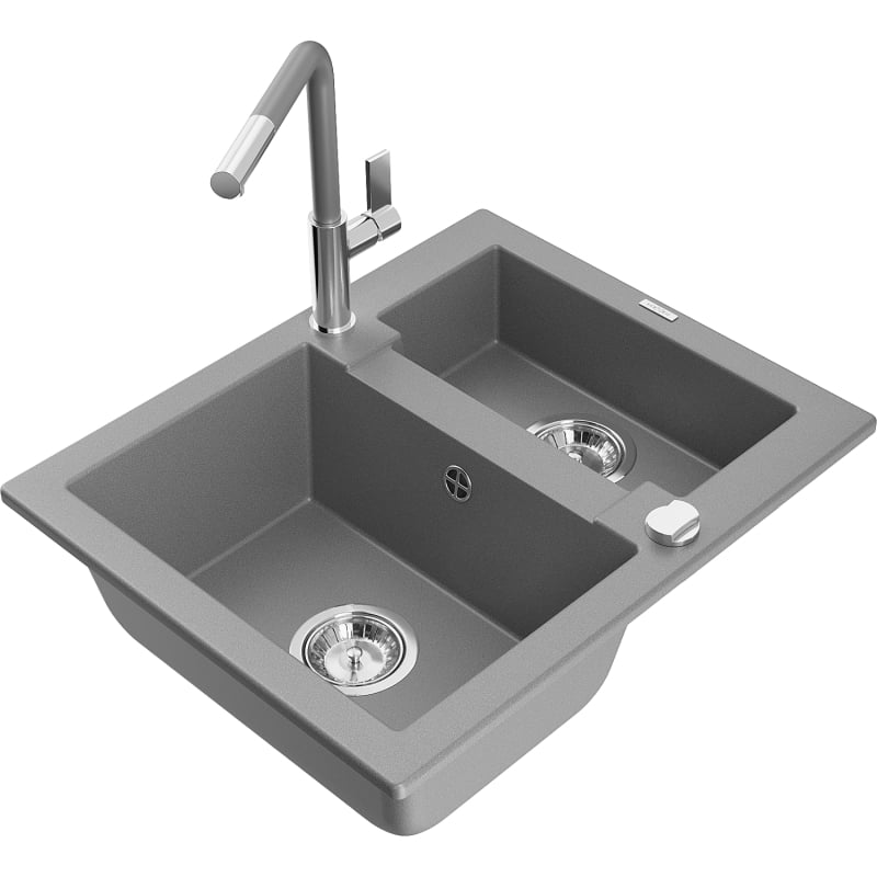 Mexen Carlos granite kitchen sink 1.5-bowl with Flora kitchen faucet, gray - 6518-71-670401-06