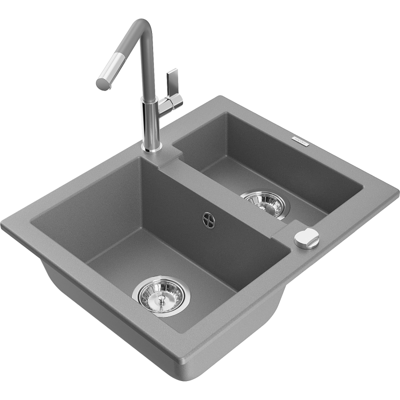 Mexen Carlos granite sink 1.5-bowl with Flora kitchen tap, grey - 6518-71-670401-06