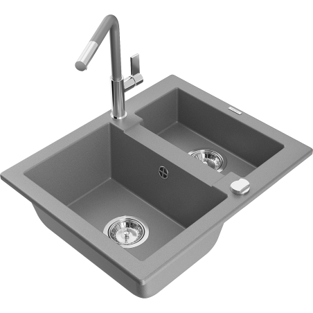 Mexen Carlos 1.5-bowl granite sink with Flora kitchen faucet, gray - 6518-71-670401-06