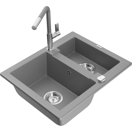 Mexen Carlos granite sink 1.5-bowl with Flora kitchen tap, grey - 6518-71-670401-06