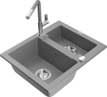 Mexen Carlos granite kitchen sink 1.5-bowl with Flora kitchen faucet, gray - 6518-71-670401-06