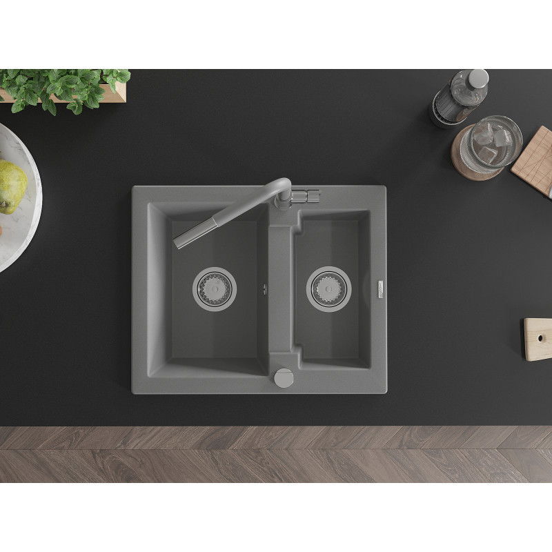 Mexen Carlos granite sink 1.5-bowl with Flora kitchen tap, grey - 6518-71-670401-06