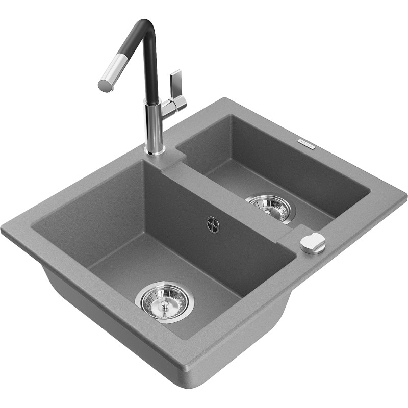Mexen Carlos 1.5-bowl granite kitchen sink with Flora faucet, gray - 6518-71-670401-07