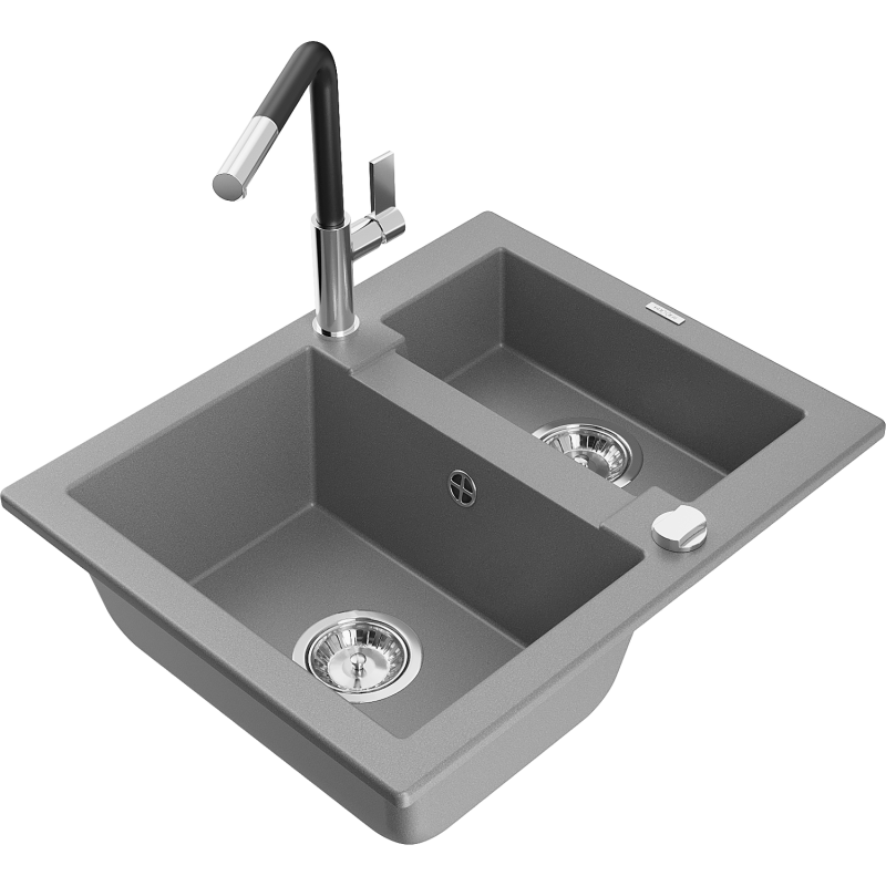 Mexen Carlos granite sink 1.5-bowl with Flora kitchen tap, grey - 6518-71-670401-07