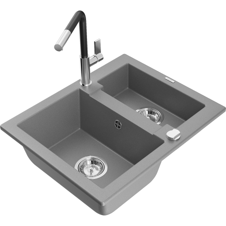 Mexen Carlos 1.5-bowl granite kitchen sink with Flora faucet, gray - 6518-71-670401-07