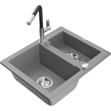 Mexen Carlos granite sink 1.5-bowl with Flora kitchen tap, grey - 6518-71-670401-07
