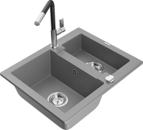 Mexen Carlos granite sink 1.5-bowl with Flora kitchen tap, grey - 6518-71-670401-07